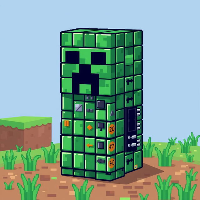 A pixel art creation featuring a creeper from Minecraft, characterized by a body made of command blocks instead of the usual green texture