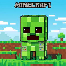 A vibrant pixel art image of a creeper from Minecraft, uniquely designed with a body made of command blocks