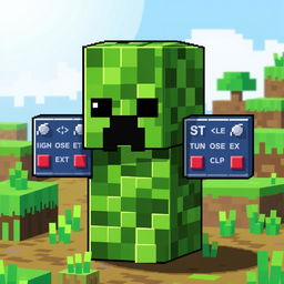 A vibrant pixel art image of a creeper from Minecraft, uniquely designed with a body made of command blocks