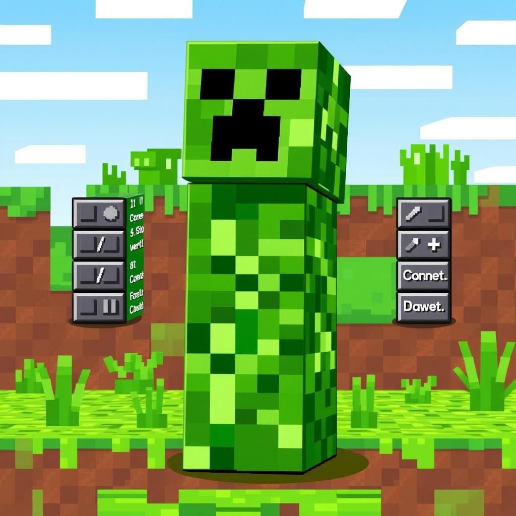 A vibrant pixel art image of a creeper from Minecraft, uniquely designed with a body made of command blocks