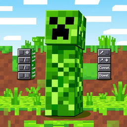 A vibrant pixel art image of a creeper from Minecraft, uniquely designed with a body made of command blocks