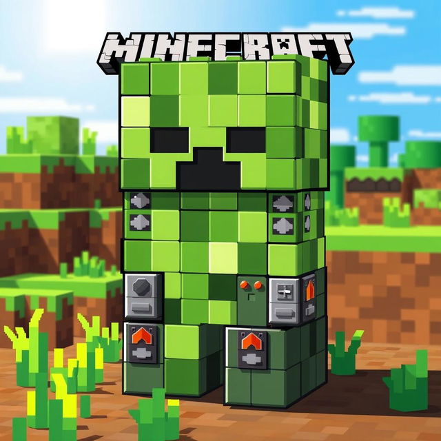 A vibrant pixel art image of a creeper from Minecraft, uniquely designed with a body made of command blocks
