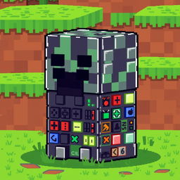 A pixel art illustration of a Minecraft creeper with a unique twist: its body is constructed from command blocks