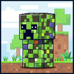 A pixel art illustration of a Minecraft creeper with a unique twist: its body is constructed from command blocks
