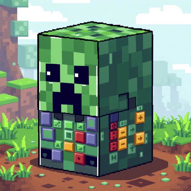 A pixel art illustration of a Minecraft creeper with a unique twist: its body is constructed from command blocks