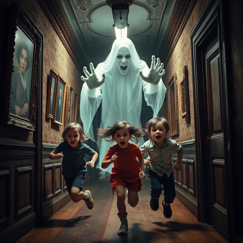 Three kids running desperately down a dimly lit hallway of an old, beautifully decorated, and abandoned mansion