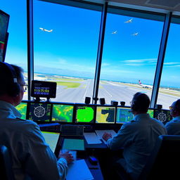 A bustling aerodrome control tower scene, showcasing air traffic controllers at work