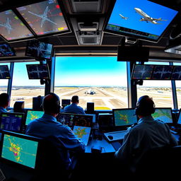 A bustling aerodrome control tower scene, showcasing air traffic controllers at work