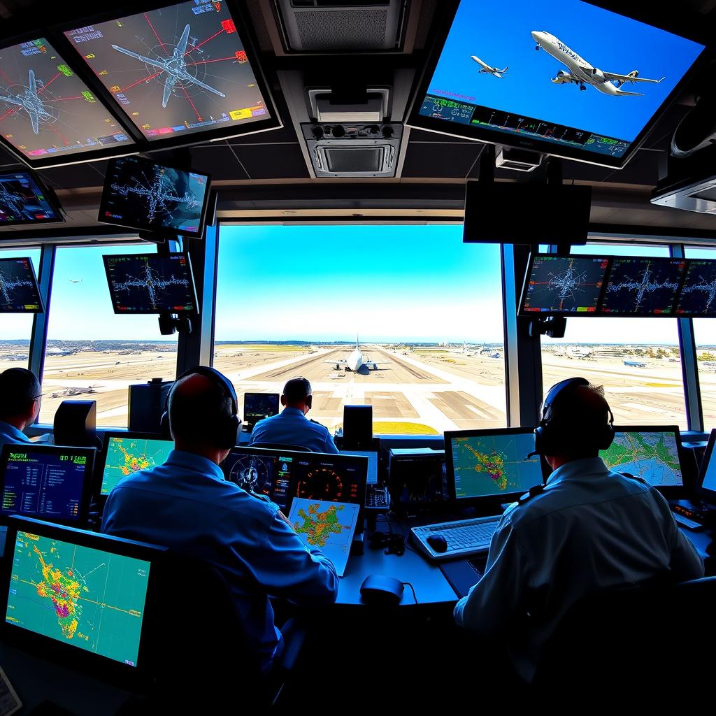 A bustling aerodrome control tower scene, showcasing air traffic controllers at work