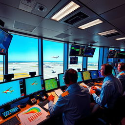 A bustling aerodrome control tower scene, showcasing air traffic controllers at work