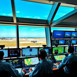 A bustling aerodrome control tower scene, showcasing air traffic controllers at work