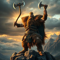 A fierce Viking berserker, clad in intricately detailed fur and leather armor, standing boldly atop a rocky cliff
