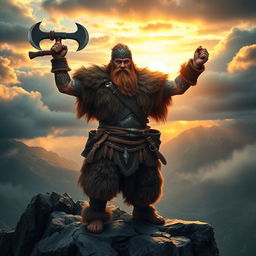 A fierce Viking berserker, clad in intricately detailed fur and leather armor, standing boldly atop a rocky cliff