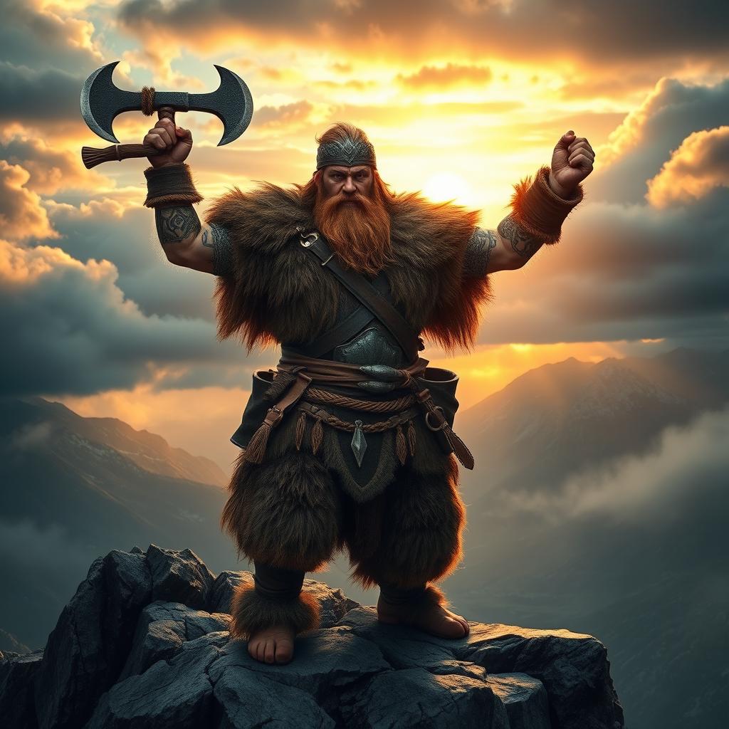 A fierce Viking berserker, clad in intricately detailed fur and leather armor, standing boldly atop a rocky cliff