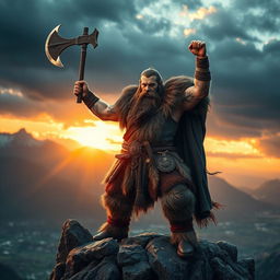 A fierce Viking berserker, clad in intricately detailed fur and leather armor, standing boldly atop a rocky cliff