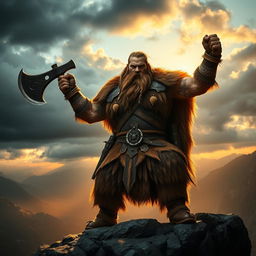 A fierce Viking berserker, clad in intricately detailed fur and leather armor, standing boldly atop a rocky cliff