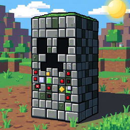 A pixel art depiction of a Minecraft creeper with a body made entirely of command blocks