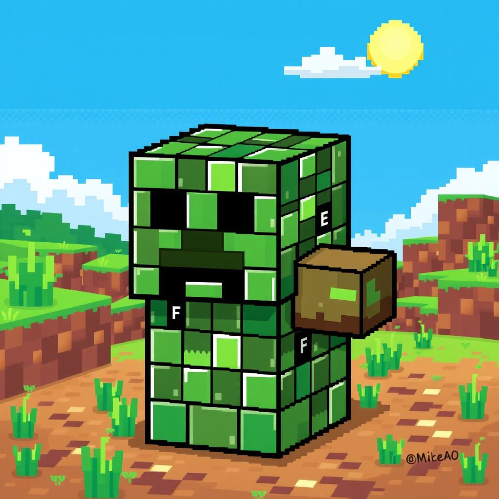 A pixel art depiction of a Minecraft creeper with a body made entirely of command blocks