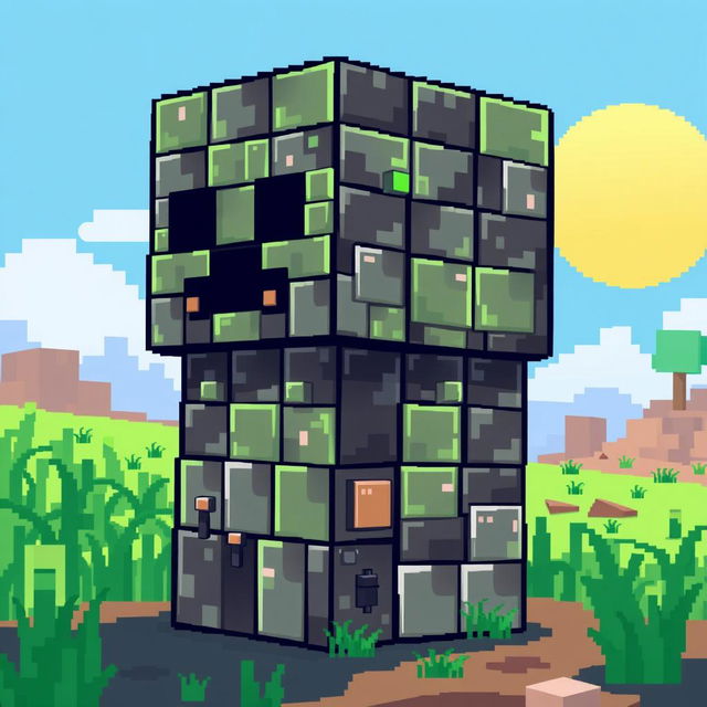 A pixel art depiction of a Minecraft creeper with a body made entirely of command blocks