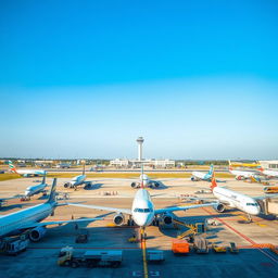 A wide view of a busy aerodrome featuring multiple airplanes on the tarmac, some preparing for takeoff and others landing