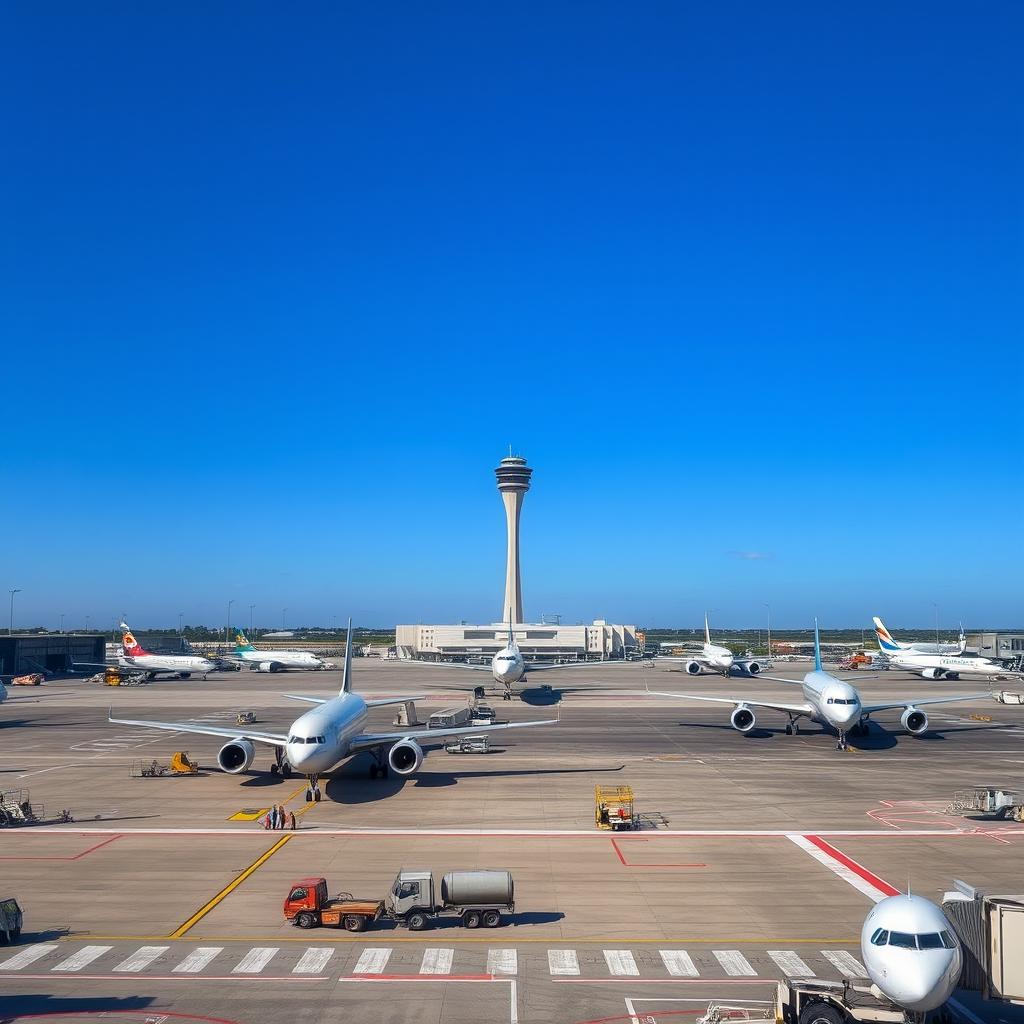 A wide view of a busy aerodrome featuring multiple airplanes on the tarmac, some preparing for takeoff and others landing