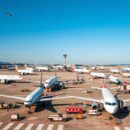 A wide view of a busy aerodrome featuring multiple airplanes on the tarmac, some preparing for takeoff and others landing