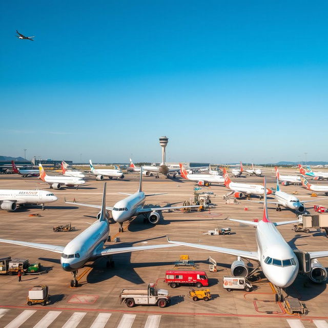 A wide view of a busy aerodrome featuring multiple airplanes on the tarmac, some preparing for takeoff and others landing