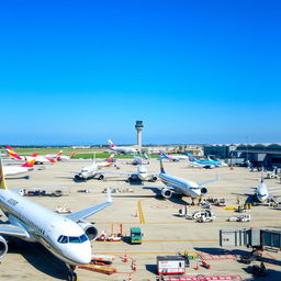 A wide view of a busy aerodrome featuring multiple airplanes on the tarmac, some preparing for takeoff and others landing