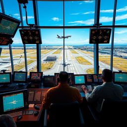 A highly detailed depiction of an air traffic control tower interior, showcasing a panoramic view of busy airport runways
