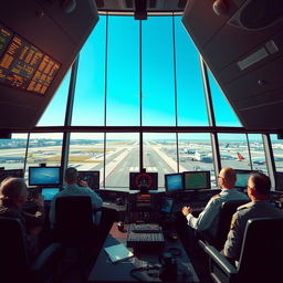 A highly detailed depiction of an air traffic control tower interior, showcasing a panoramic view of busy airport runways
