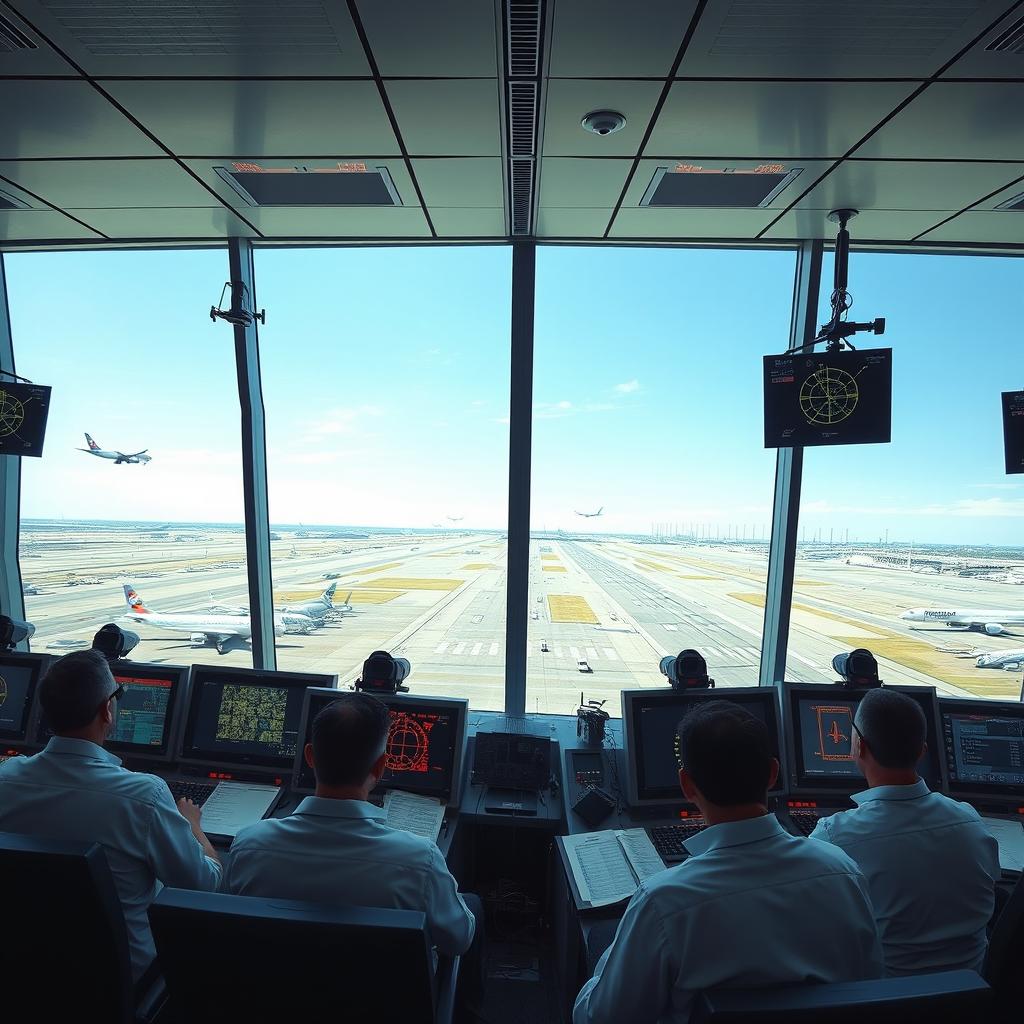 A highly detailed depiction of an air traffic control tower interior, showcasing a panoramic view of busy airport runways