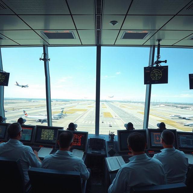 A highly detailed depiction of an air traffic control tower interior, showcasing a panoramic view of busy airport runways