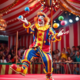 A vibrant and lively clown performing in a circus show
