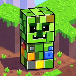 A pixel art artwork of a Minecraft creeper that creatively features a body made of command blocks