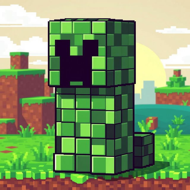 A pixel art artwork of a Minecraft creeper that creatively features a body made of command blocks