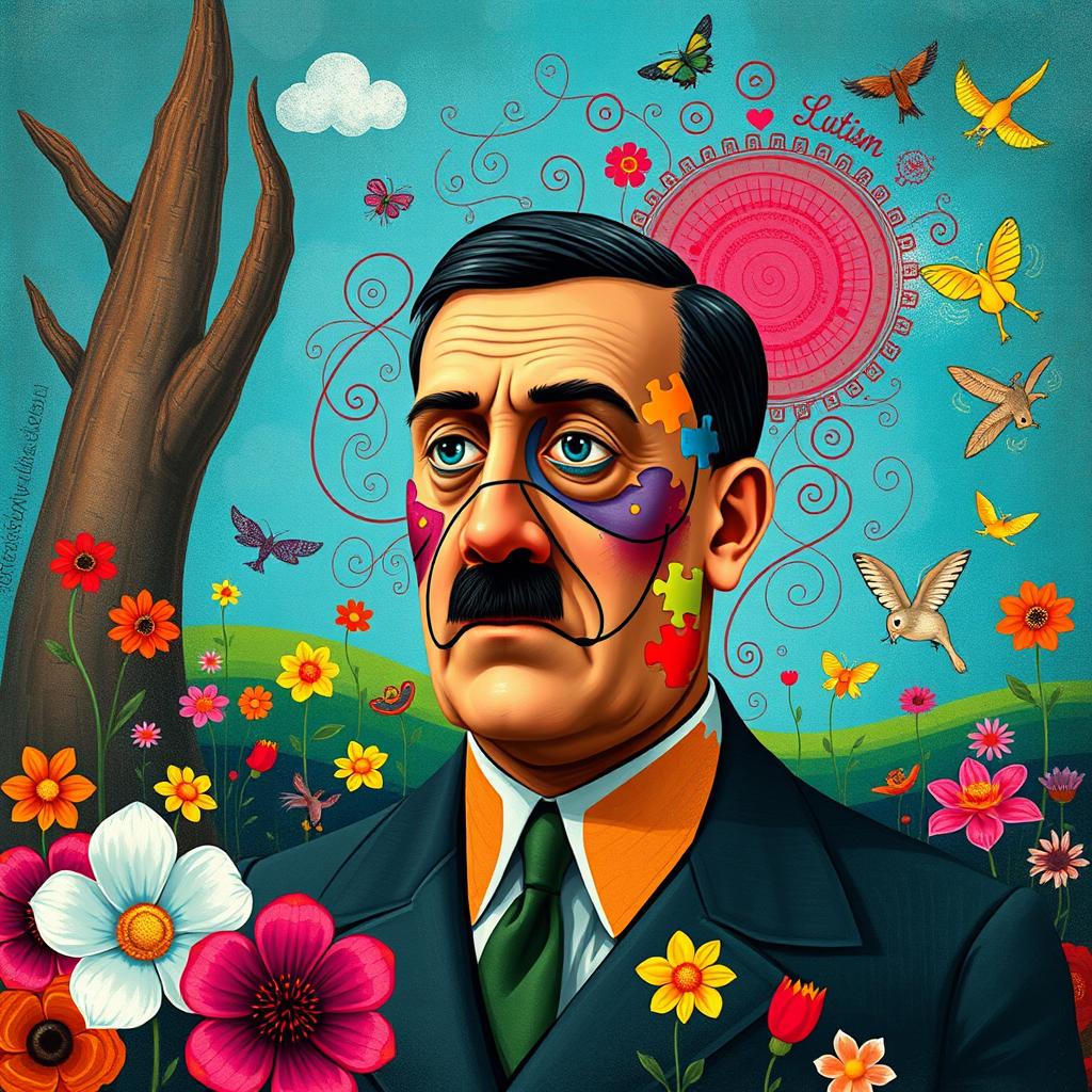 A surreal reinterpretation featuring historical figure Adolf Hitler in a whimsical and abstract style