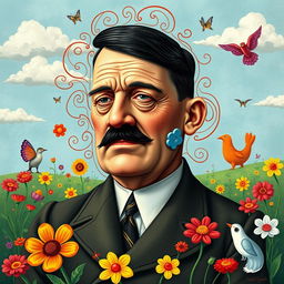 A surreal reinterpretation featuring historical figure Adolf Hitler in a whimsical and abstract style