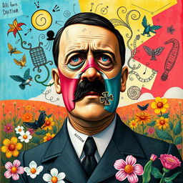 A surreal reinterpretation featuring historical figure Adolf Hitler in a whimsical and abstract style