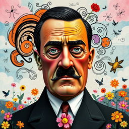 A surreal reinterpretation featuring historical figure Adolf Hitler in a whimsical and abstract style