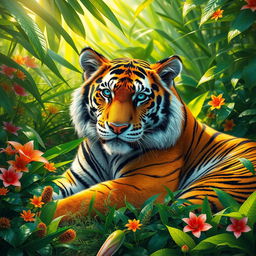 A beautiful, majestic tiger resting in a lush green jungle setting