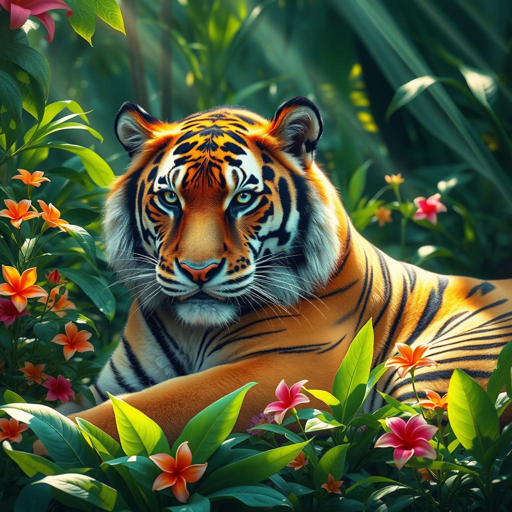 A beautiful, majestic tiger resting in a lush green jungle setting