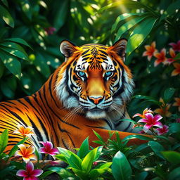 A beautiful, majestic tiger resting in a lush green jungle setting