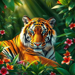 A beautiful, majestic tiger resting in a lush green jungle setting