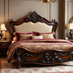 A beautifully designed classic furniture bed, showcasing elegant craftsmanship with a richly carved wooden headboard and footboard