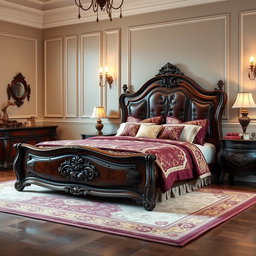 A beautifully designed classic furniture bed, showcasing elegant craftsmanship with a richly carved wooden headboard and footboard