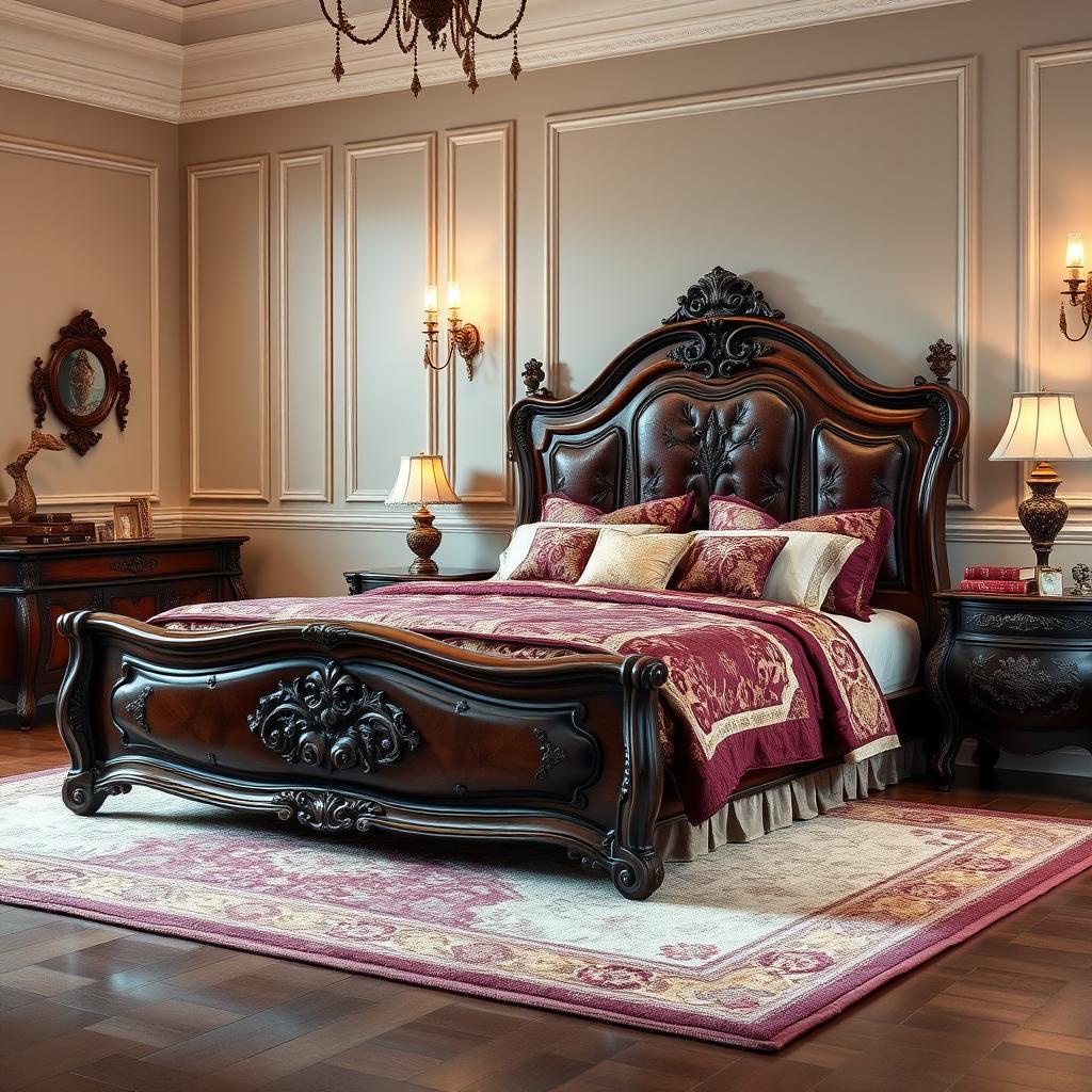A beautifully designed classic furniture bed, showcasing elegant craftsmanship with a richly carved wooden headboard and footboard