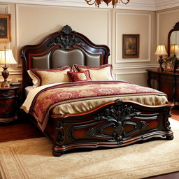 A beautifully designed classic furniture bed, showcasing elegant craftsmanship with a richly carved wooden headboard and footboard
