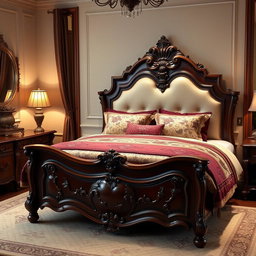 A beautifully designed classic furniture bed, showcasing elegant craftsmanship with a richly carved wooden headboard and footboard