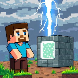A pixel art scene featuring Steve from Minecraft standing next to a command block with a dramatic lightning bolt striking down from the sky