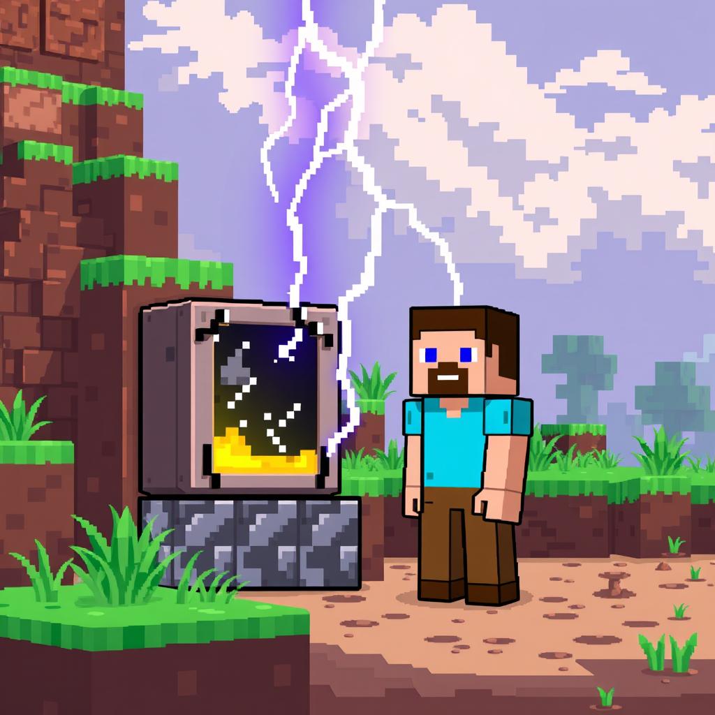 A pixel art scene featuring Steve from Minecraft standing next to a command block with a dramatic lightning bolt striking down from the sky